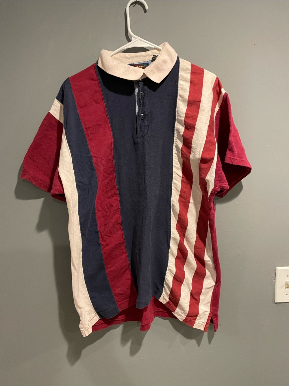 Vintage 90s M.E. Sport Men's Striped Rugby Polo Shirt - Navy, Red & White